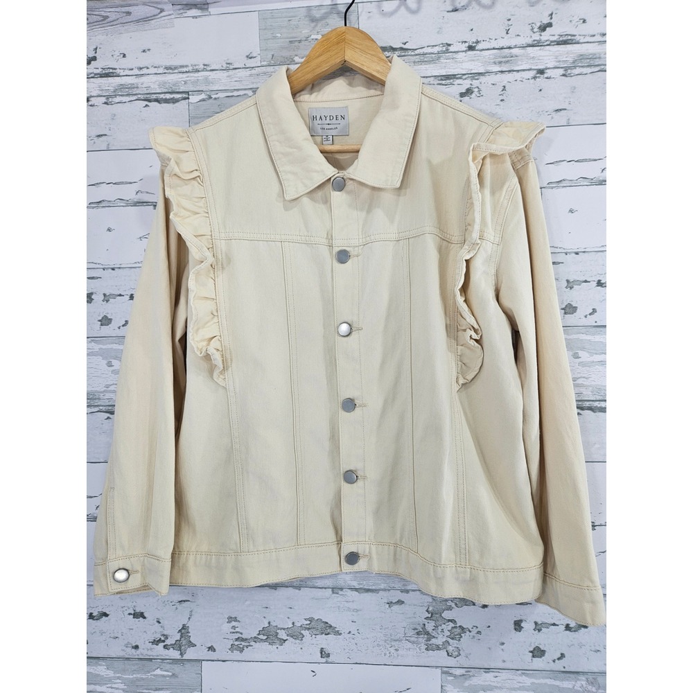 Hayden Los Angeles Cream Ruffle Denim Jacket Womens Medium Off White